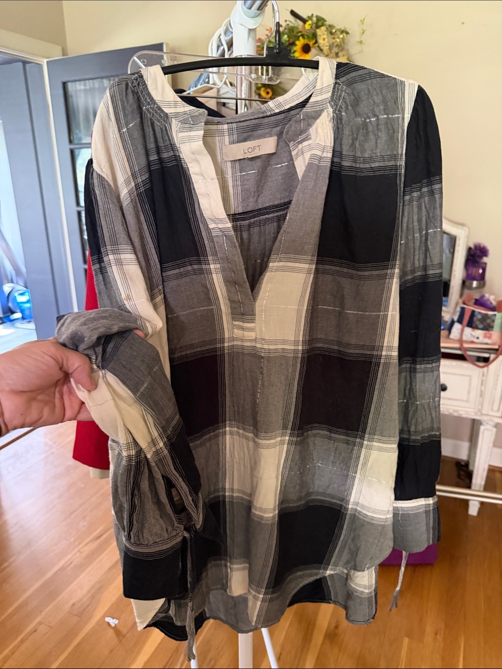 LOFT Black White Gray Plaid V-Neck Tunic